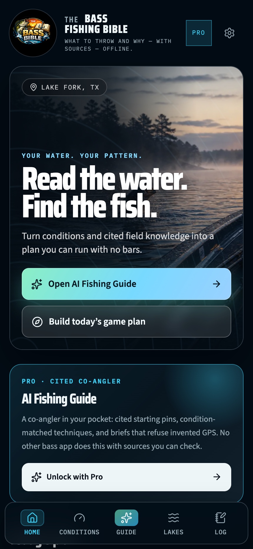 Bass Bible on a phone, showing the lake-day hero and the AI fishing guide card